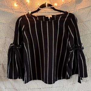 Lucky Brand Black and White Vertical-Stripe Tie-Sleeve Blouse
